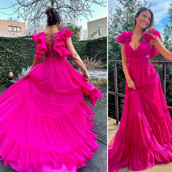 Mac Duggal Indy 6711 Gown 8 Hot Pink Ruffle Corset Back Evening Dress Formal - Picture 1 of 12